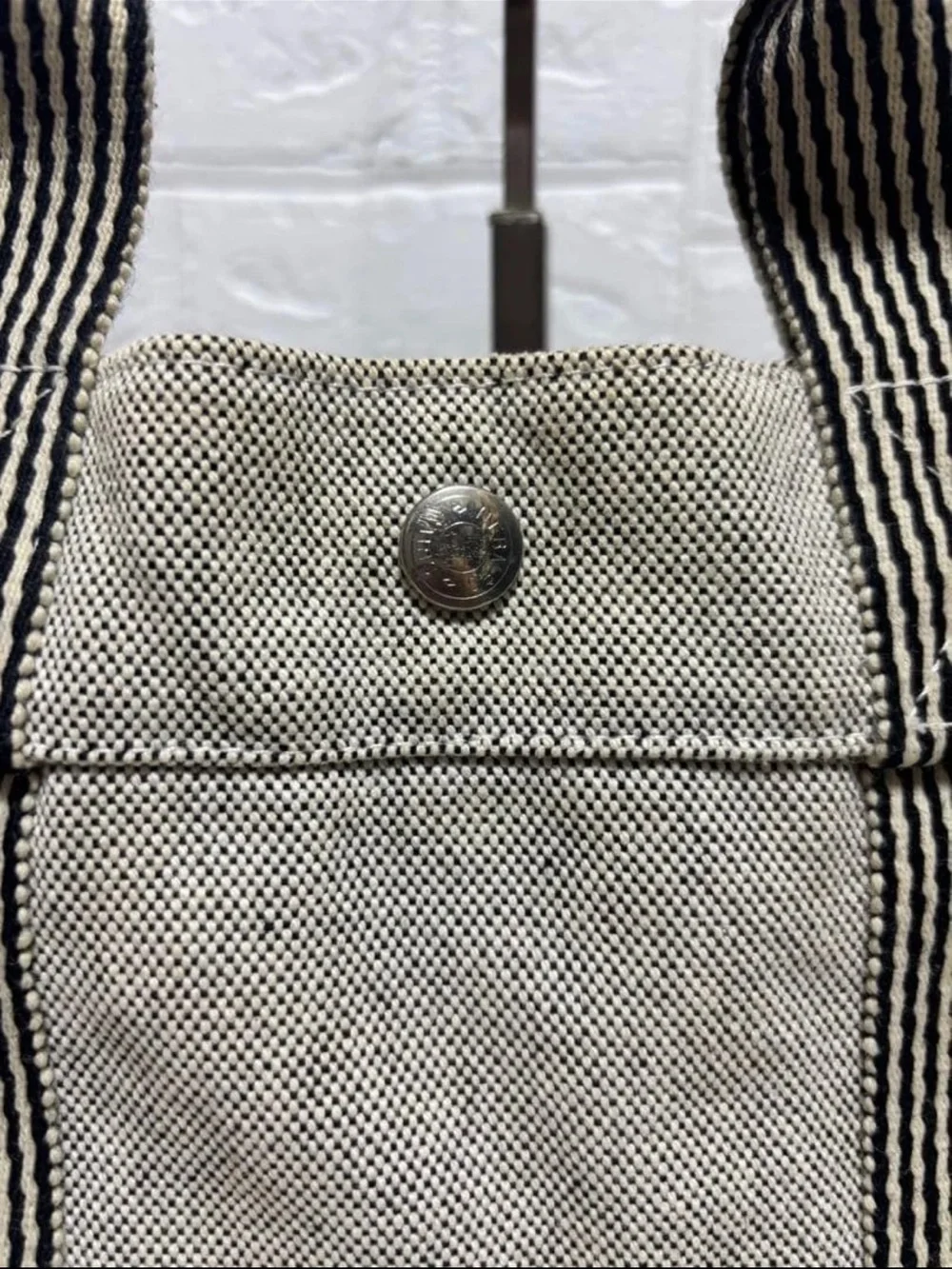 Hermes Natural Canvas Tote with Black Striped Handles